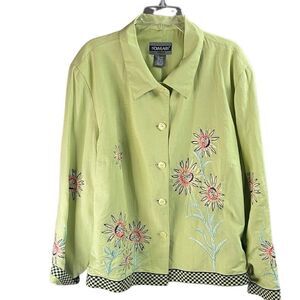 NOUVEAUX Women’s Linen Lime Green Embroidered Floral Blazer Jacket Boho Size 24